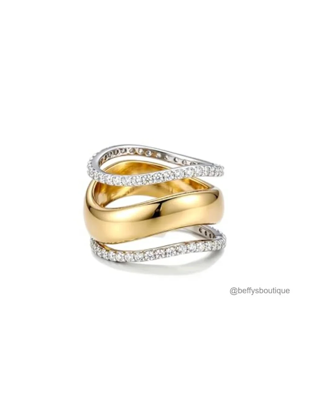 14K Gold Plated Stackable Wavy Ring Set with Cubic Zirconia, Mixed Metals,